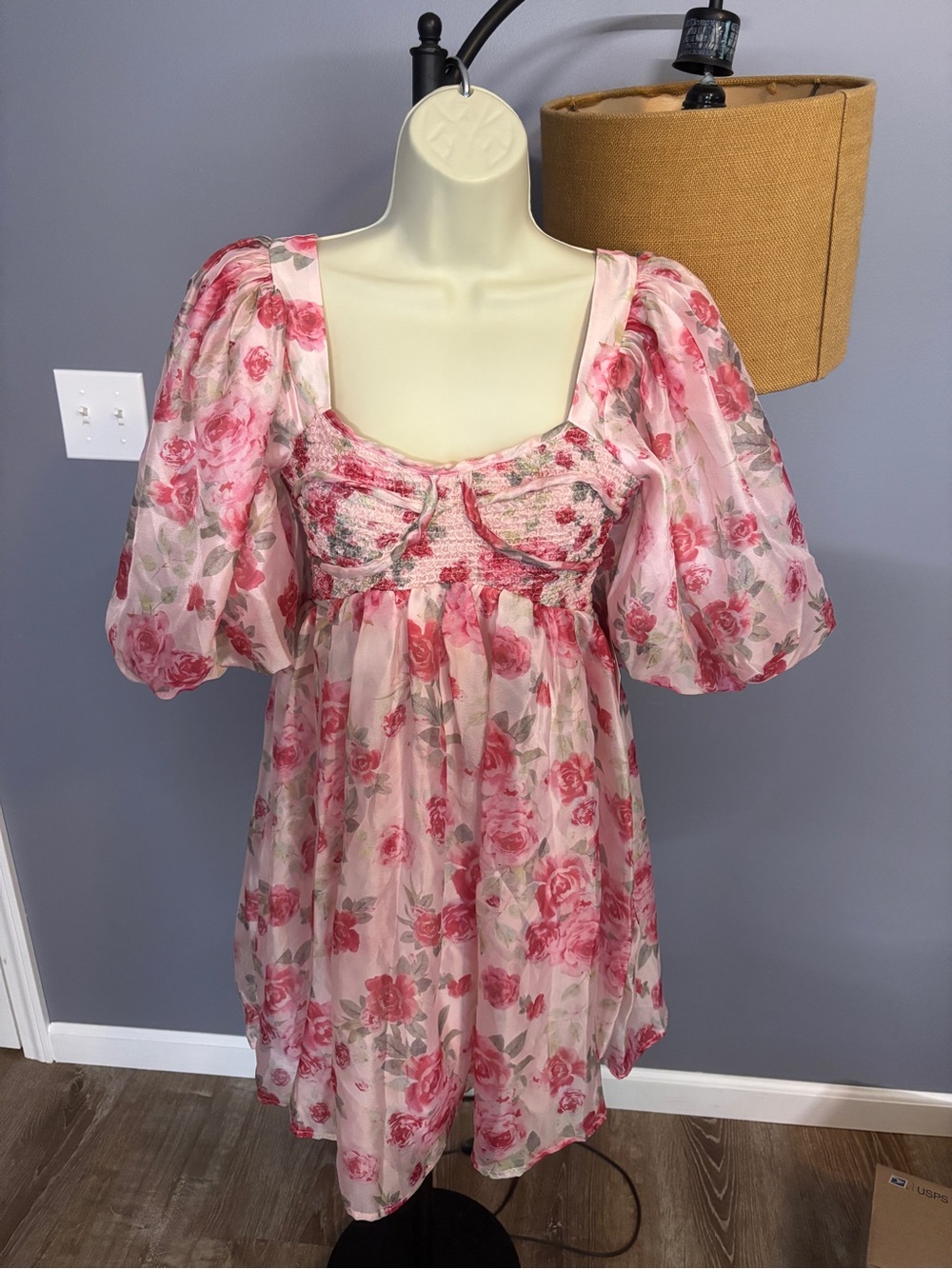 bohme Pink Floral Puff-Sleeve Mini Dress